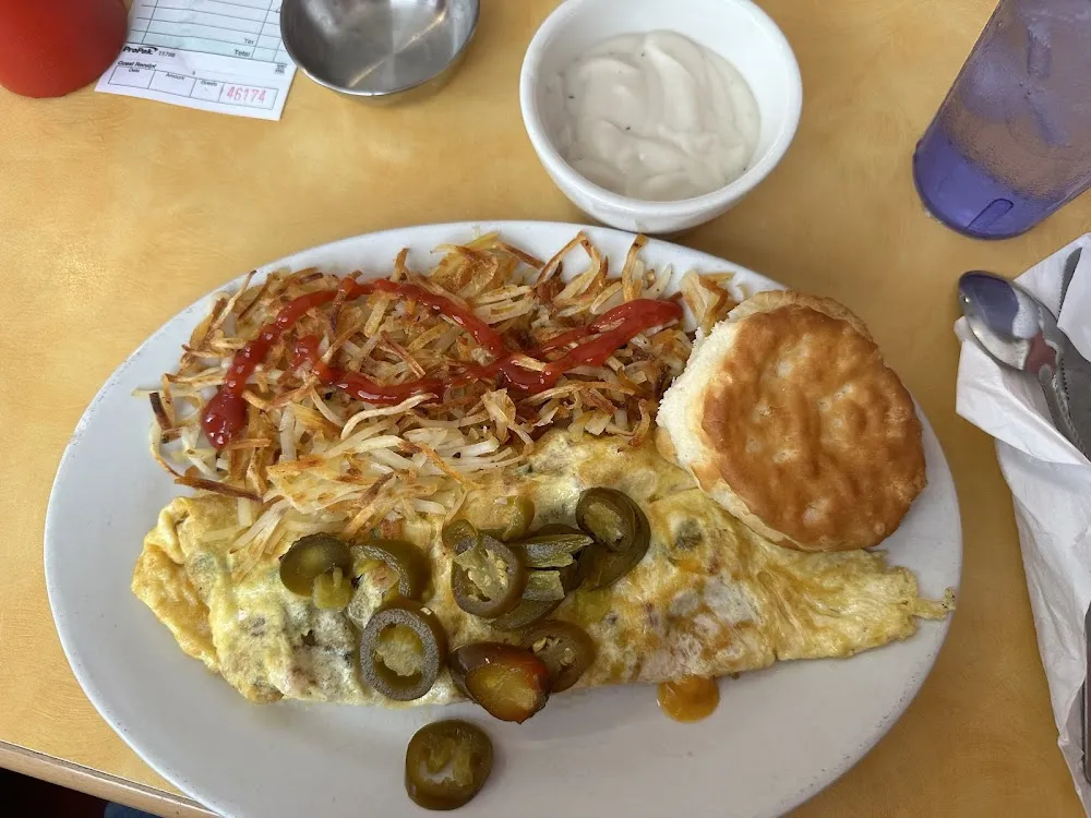 Omelette Hashbrowns Biscuit and Gravy